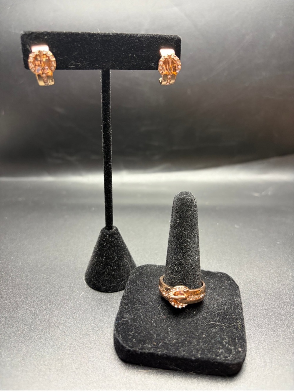 Rose Gold Cubic Zirconia Ring and Earring Set - Women's Jewelry